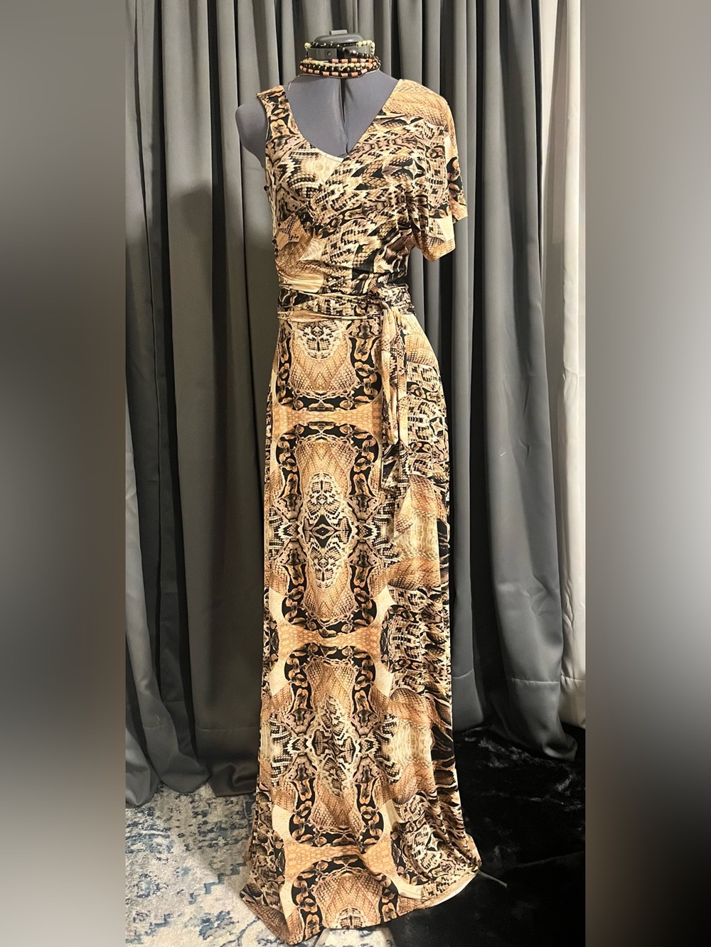 Addiction One-Shoulder Animal Print Maxi Dress in Brown and Cream Tones